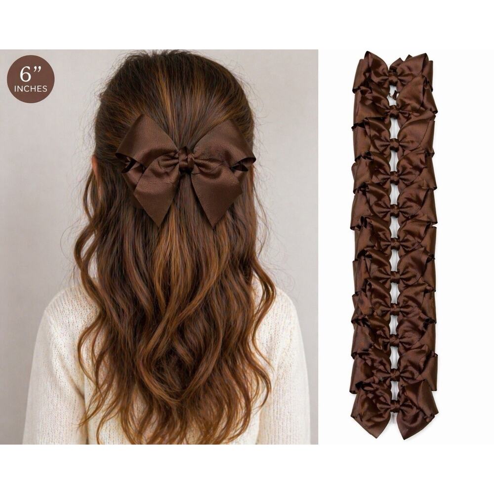 12 JUMBO 6” Cheer Bow Girls Large Hair Bows Grosgrain Ribbon Brown USA SELLER